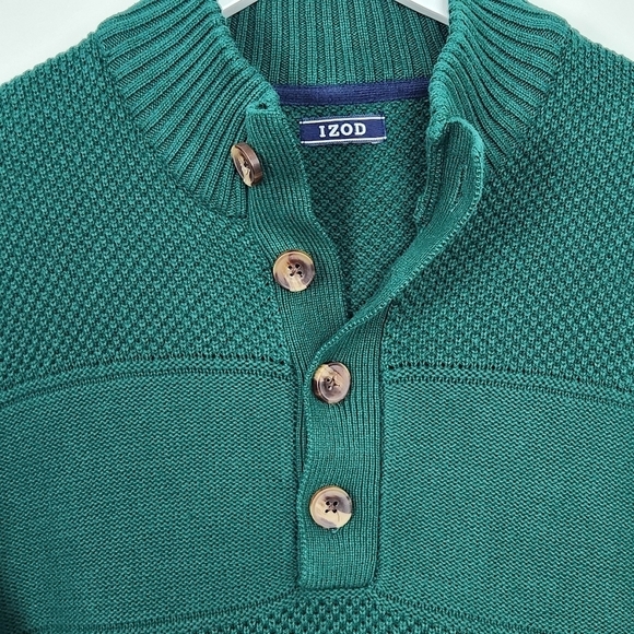 IZOD Men's Green 1/4 Button-up Mockneck Long Sleeve Cotton  Sweater Size L - Picture 5 of 10